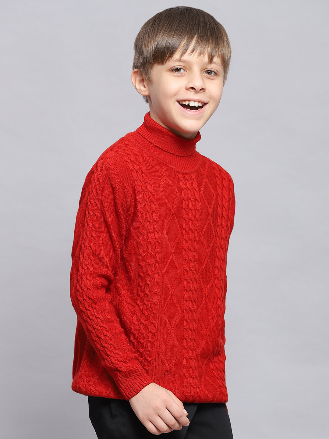 Boys Red Self Design H Neck Full Sleeve Sweater