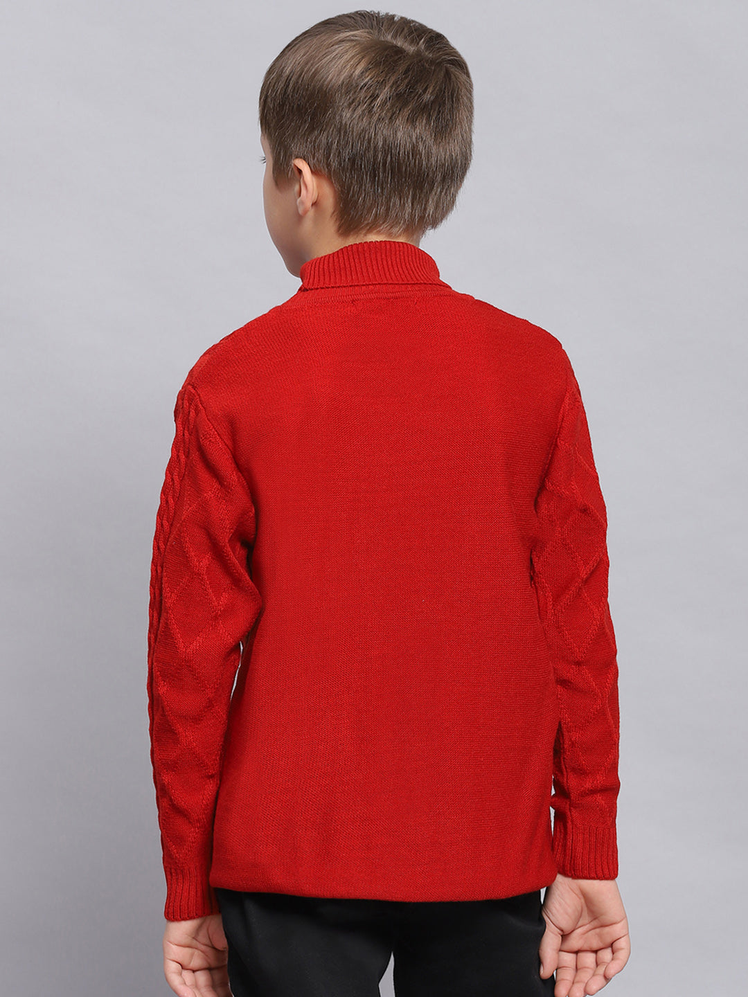 Boys Red Self Design H Neck Full Sleeve Sweater