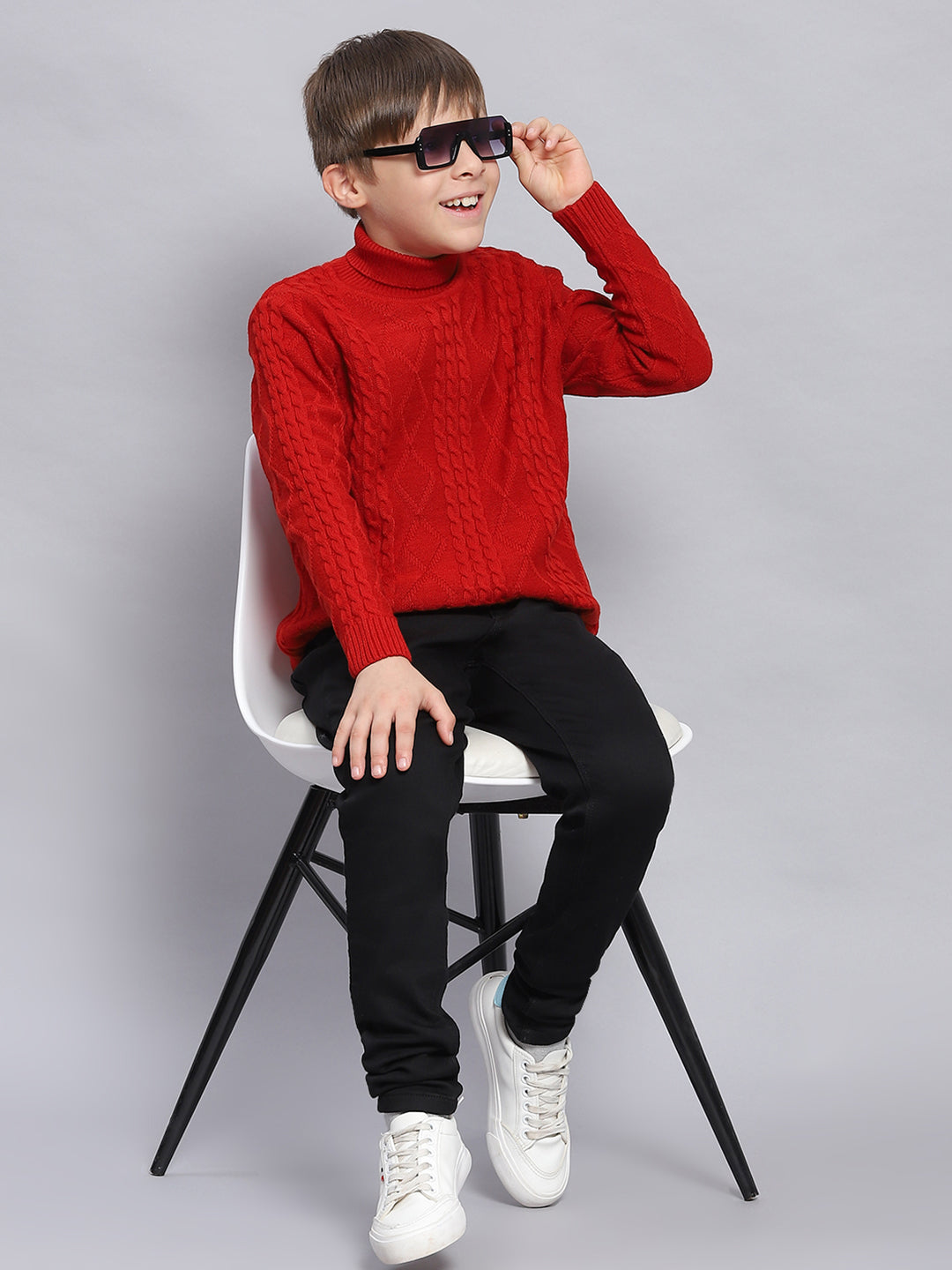 Boys Red Self Design H Neck Full Sleeve Sweater