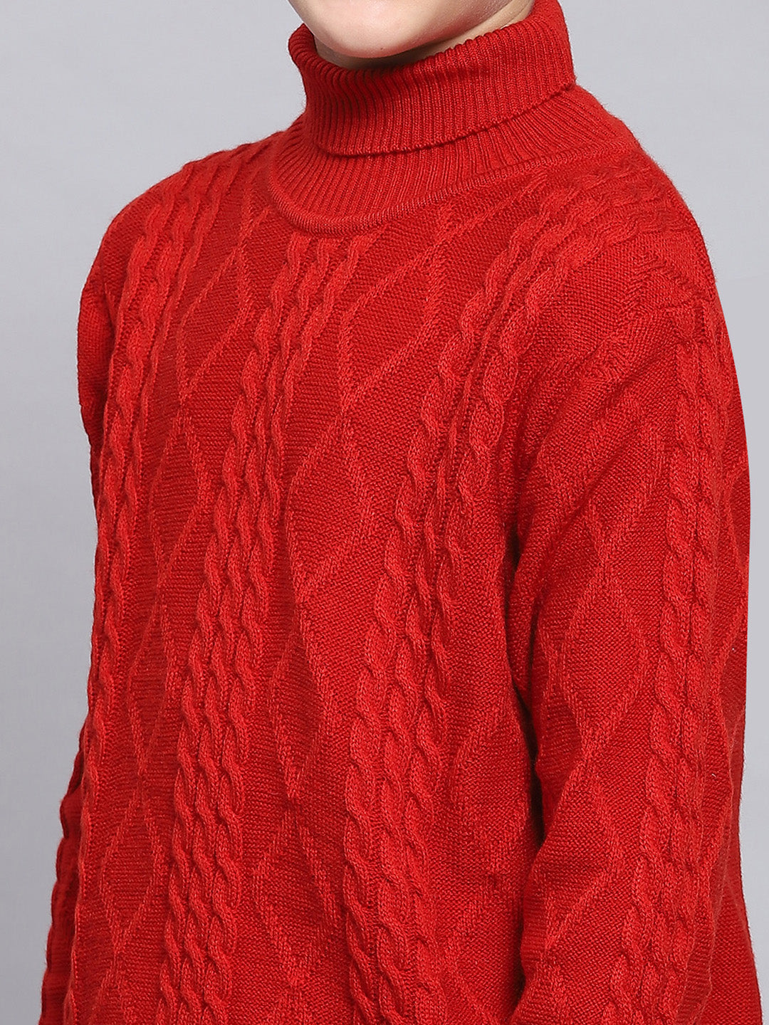 Boys Red Self Design H Neck Full Sleeve Sweater