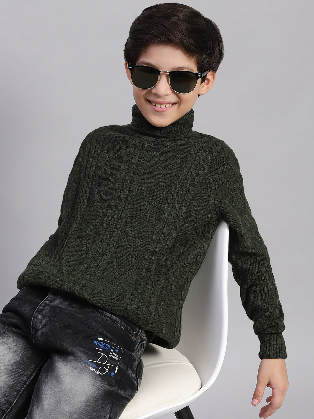 Boys Olive Self Design T Neck Full Sleeve Sweater