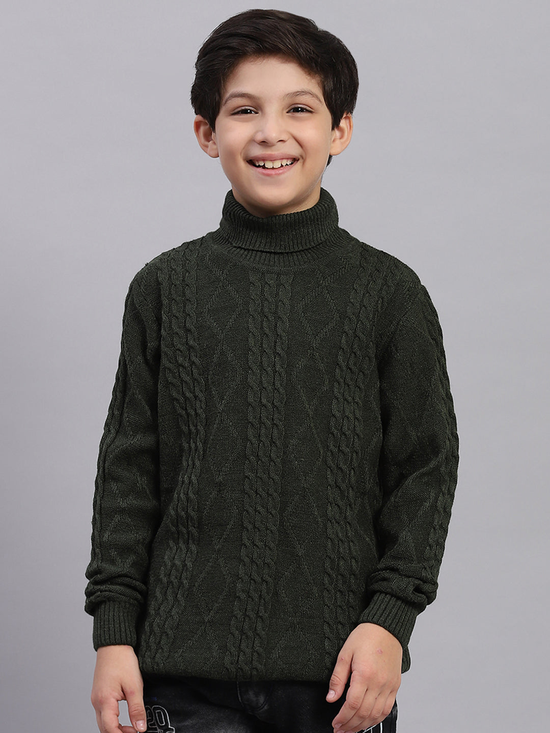 Boys Olive Self Design T Neck Full Sleeve Sweater