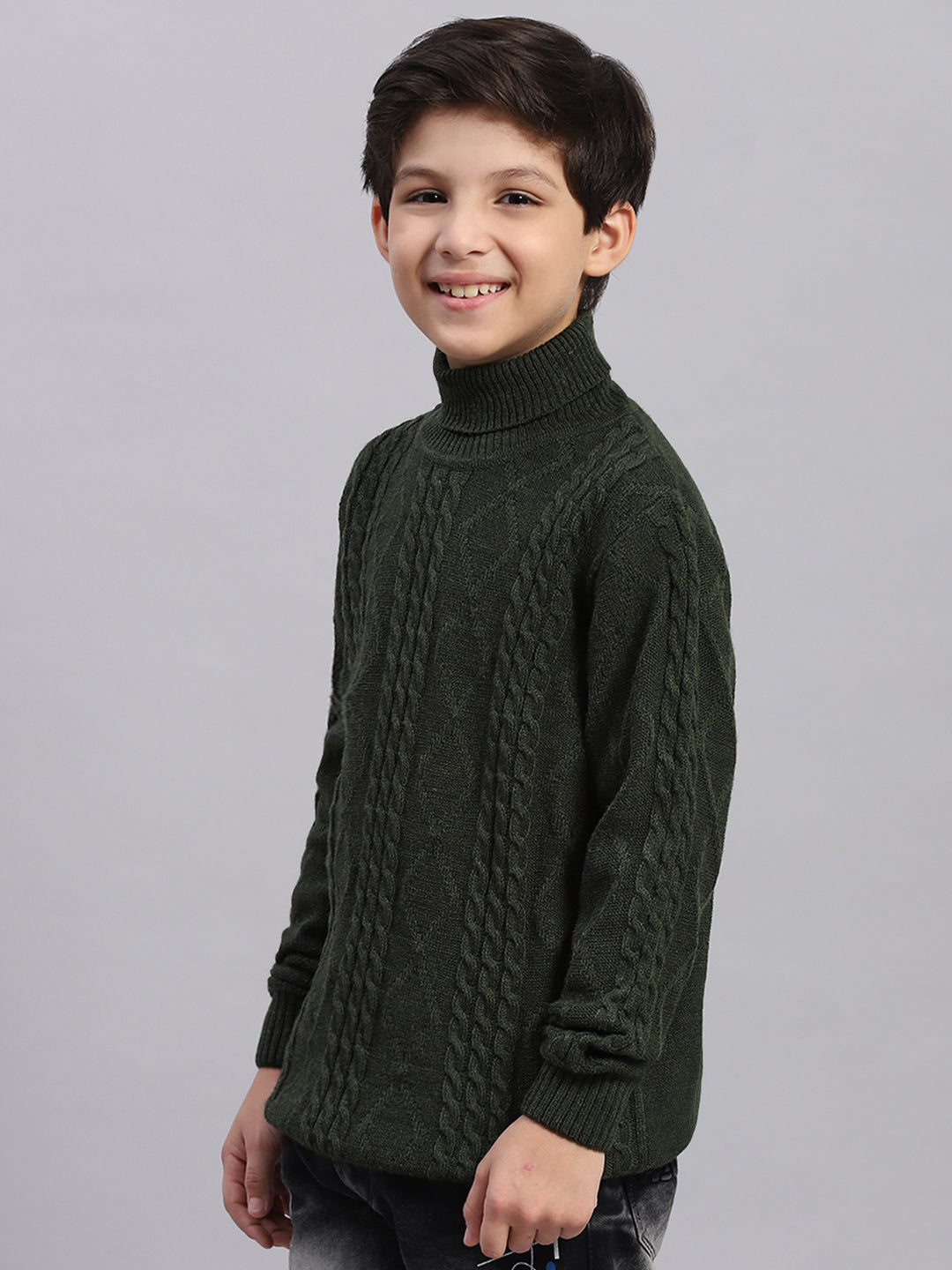 Boys Olive Self Design T Neck Full Sleeve Sweater