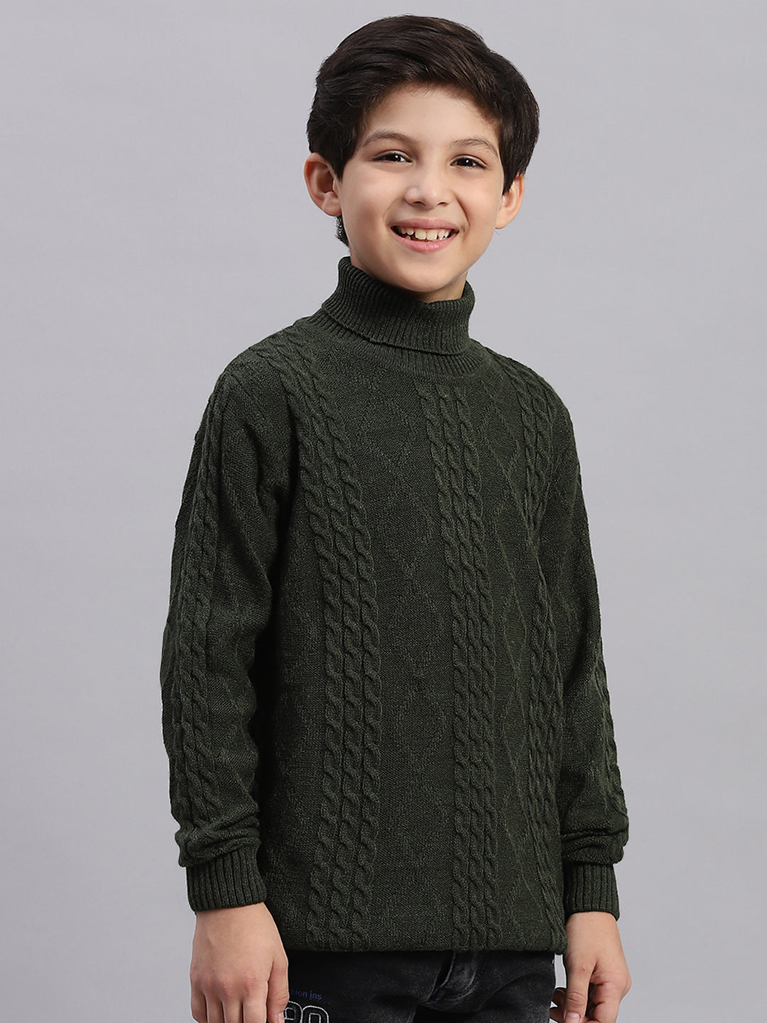 Boys Olive Self Design T Neck Full Sleeve Sweater