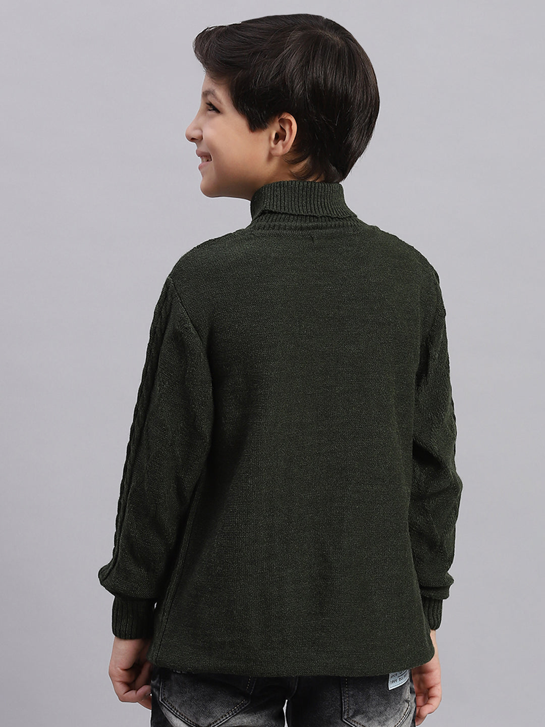 Boys Olive Self Design T Neck Full Sleeve Sweater