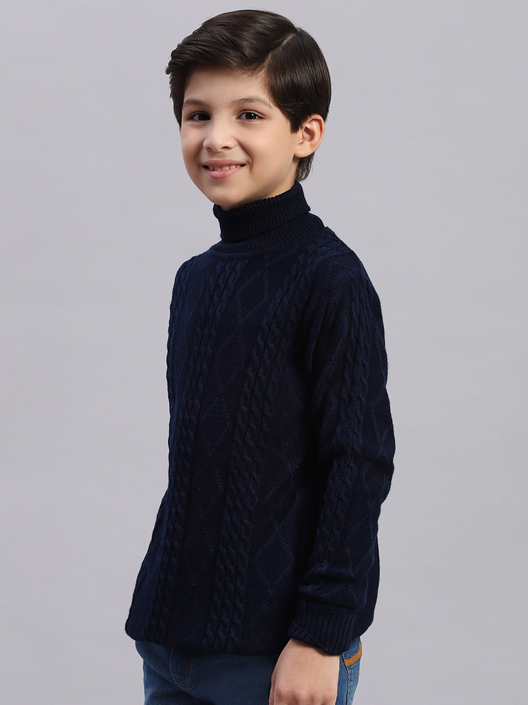 Boys Navy Blue Self Design T Neck Full Sleeve Sweater