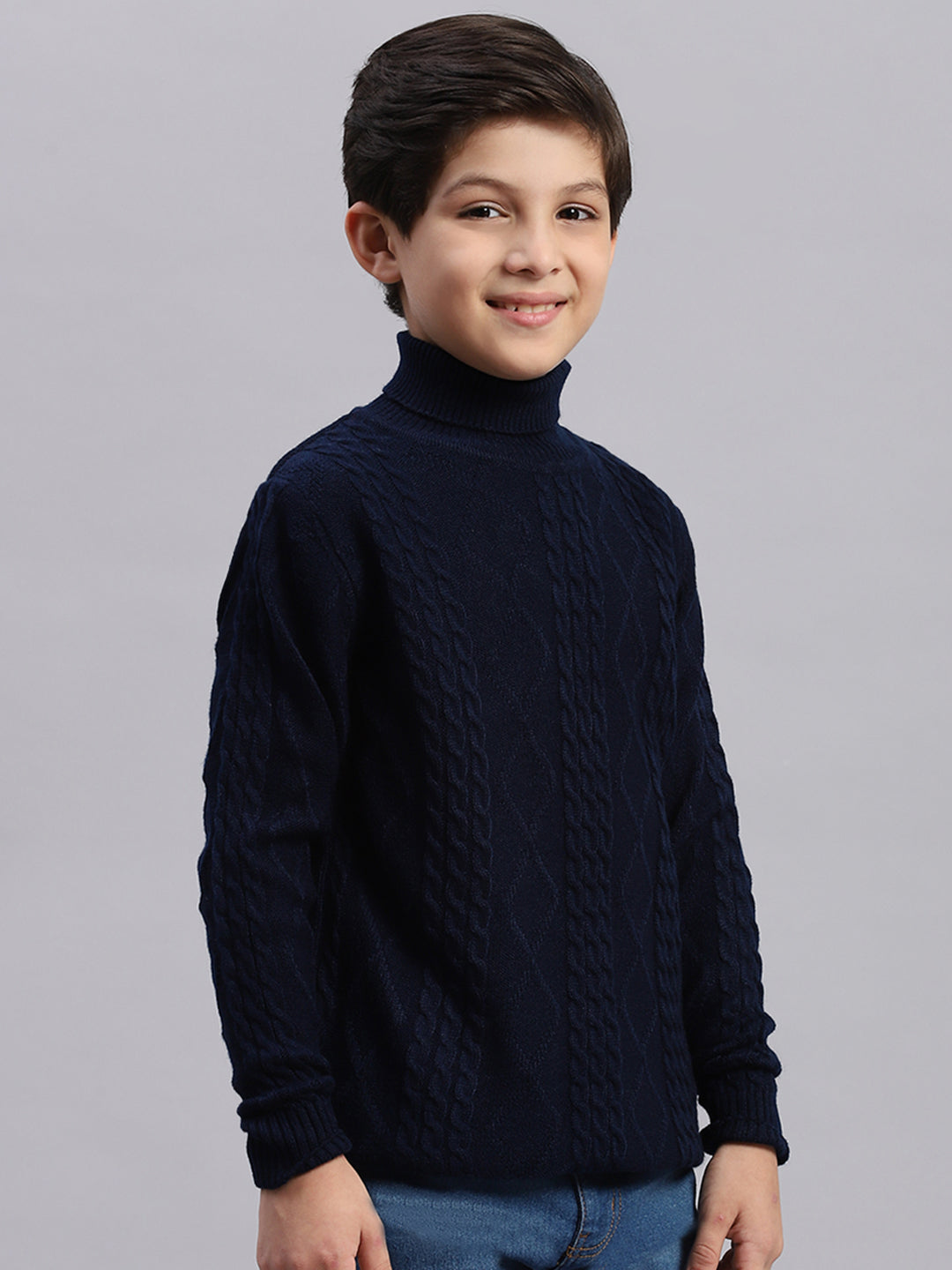 Boys Navy Blue Self Design T Neck Full Sleeve Sweater