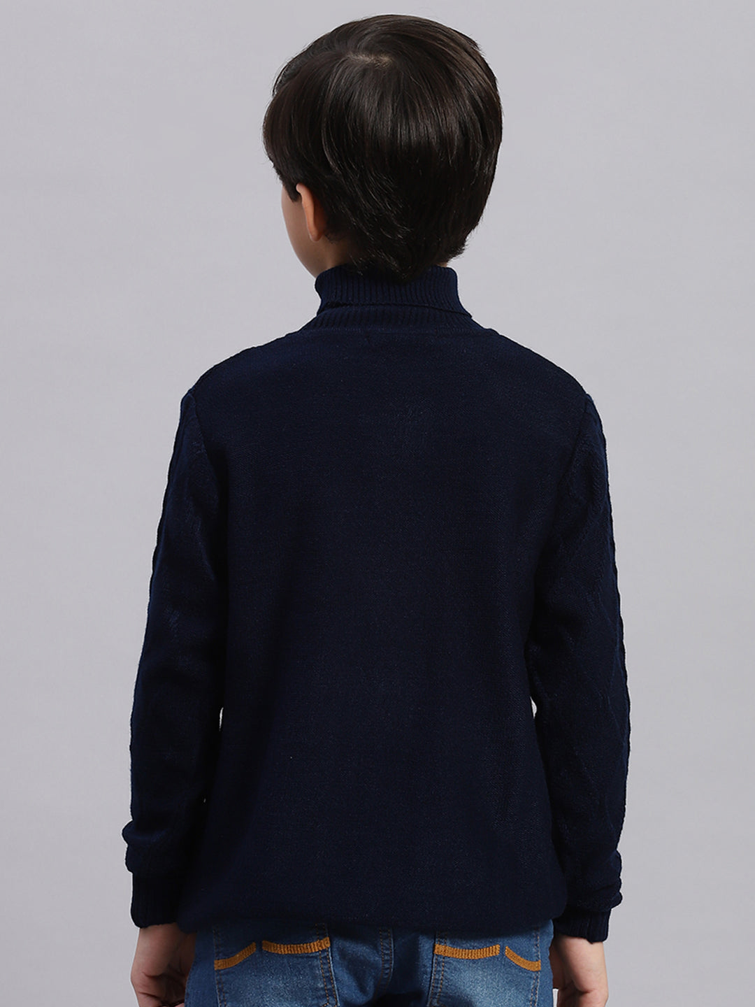 Boys Navy Blue Self Design T Neck Full Sleeve Sweater