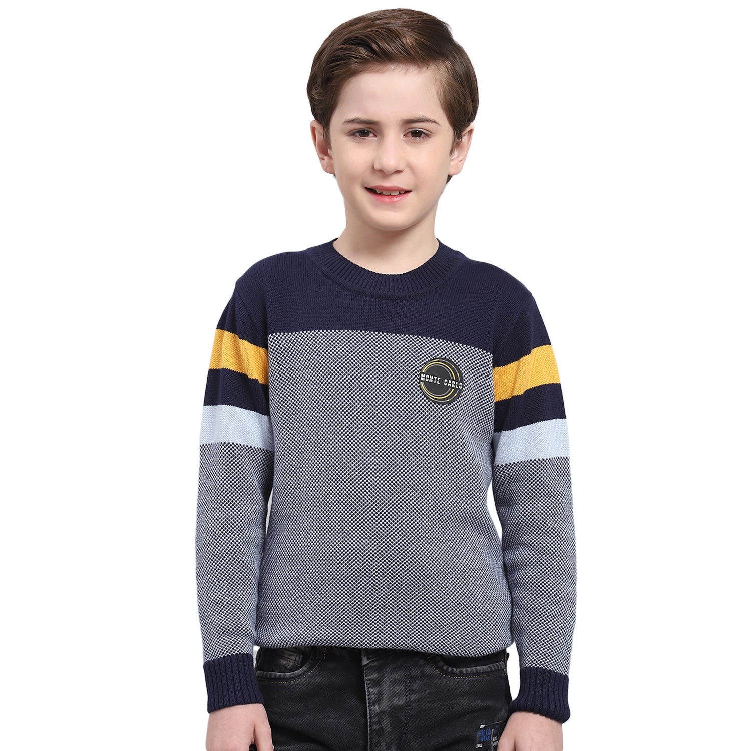 Boys Navy Blue Self Design Round Neck Full Sleeve Sweater