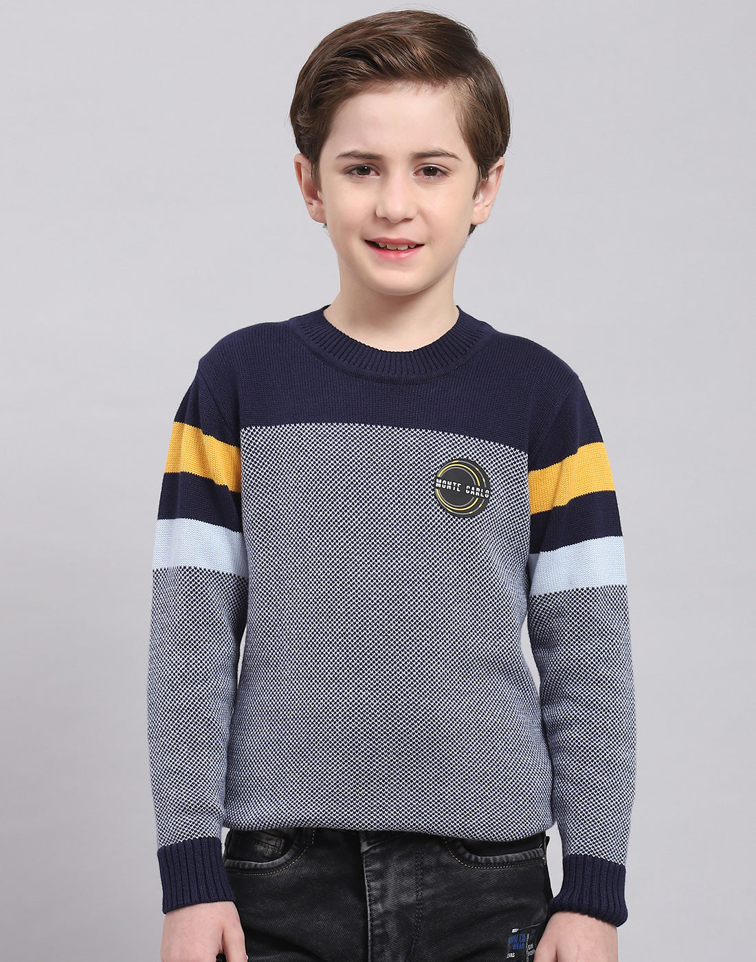 Boys Navy Blue Self Design Round Neck Full Sleeve Sweater