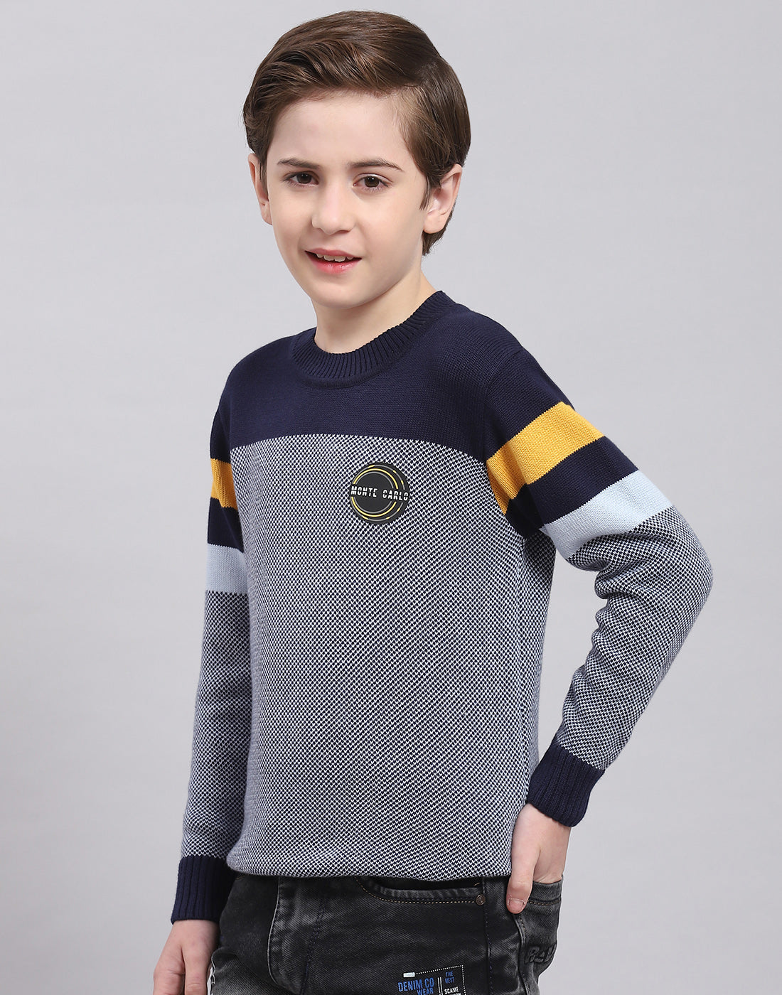 Boys Navy Blue Self Design Round Neck Full Sleeve Sweater