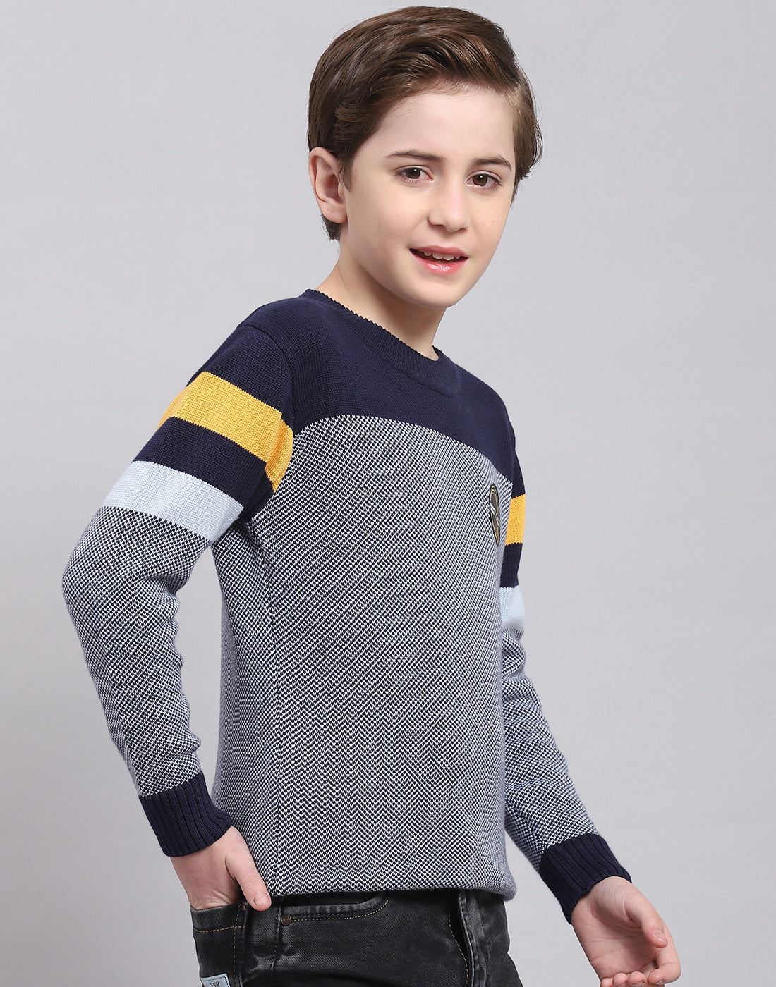 Boys Navy Blue Self Design Round Neck Full Sleeve Sweater