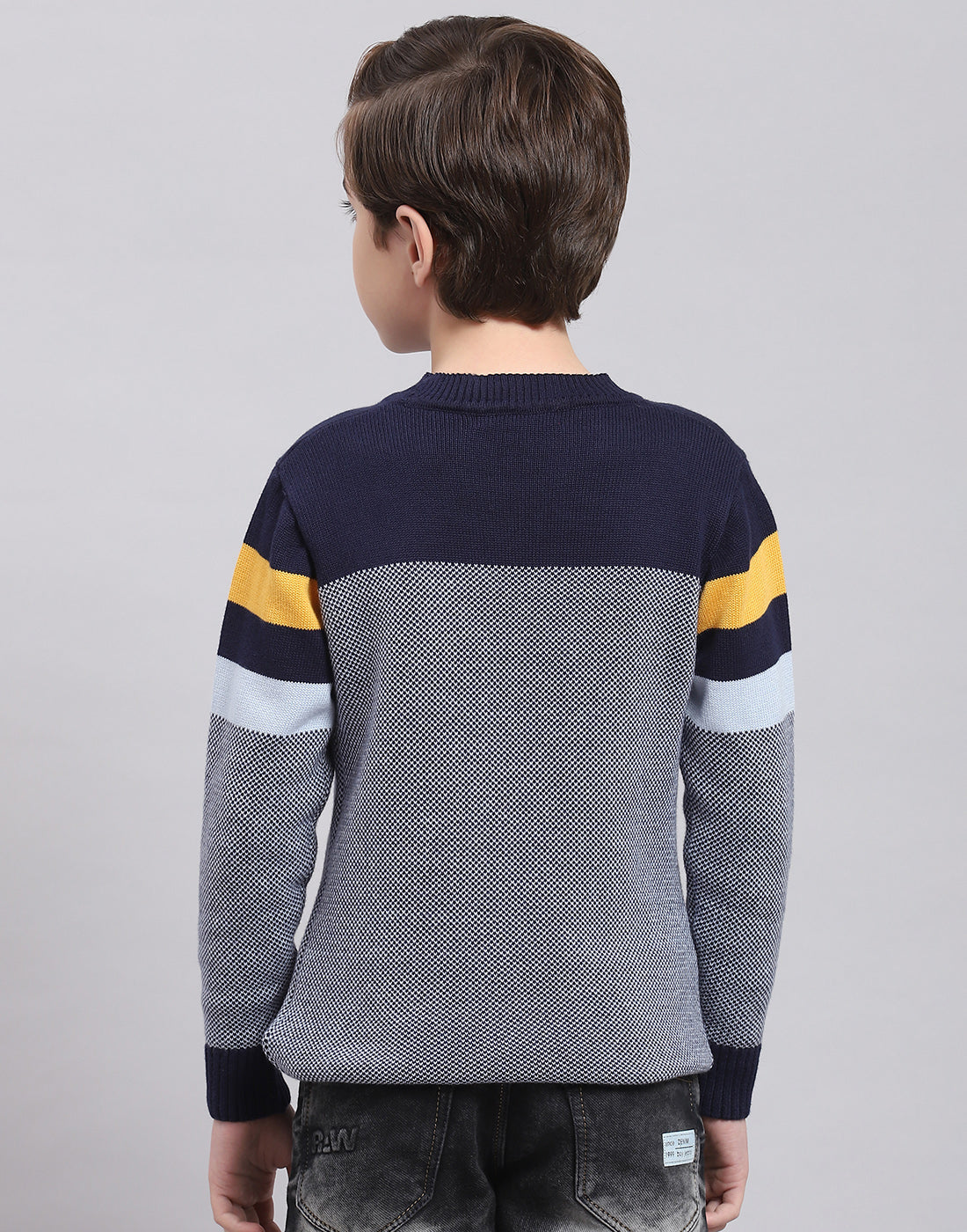 Boys Navy Blue Self Design Round Neck Full Sleeve Sweater