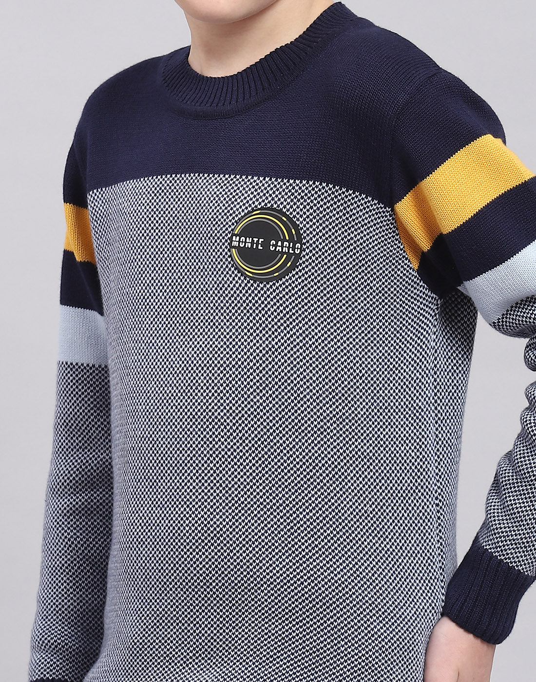 Boys Navy Blue Self Design Round Neck Full Sleeve Sweater