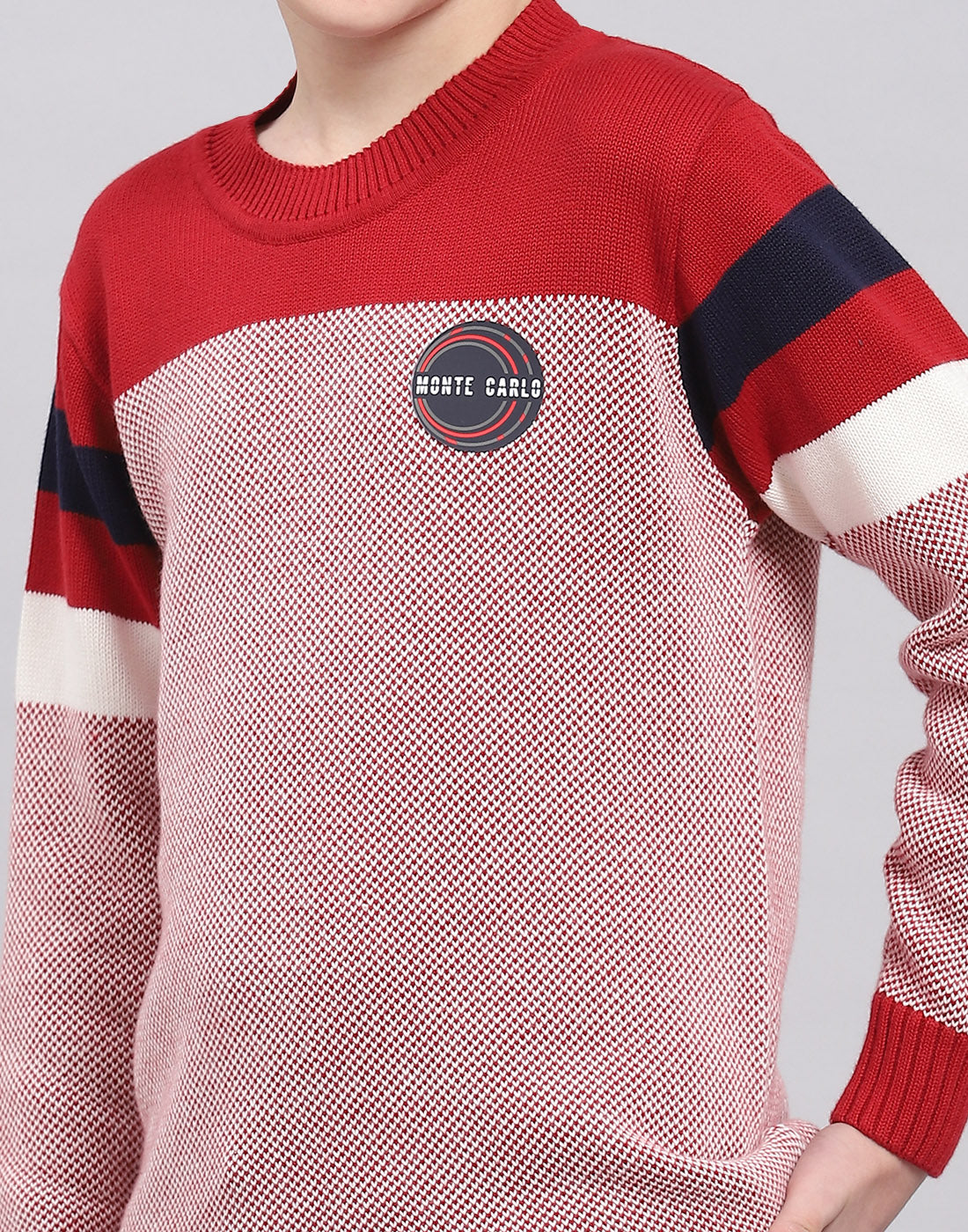 Boys Red Self Design Round Neck Full Sleeve Sweater