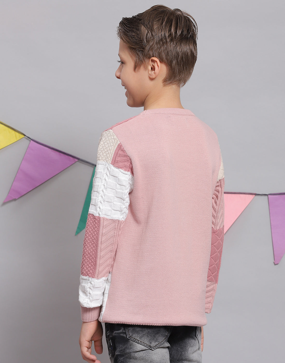 Buy Boys Pink Self Design Round Neck Full Sleeve Sweater Online in