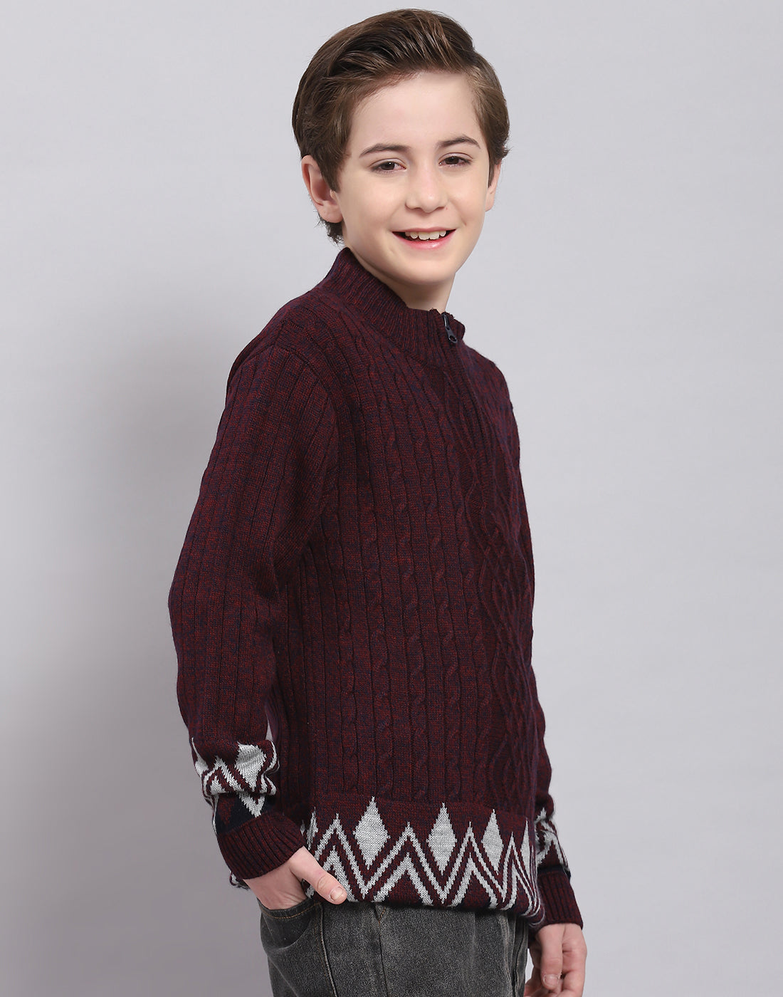 Boys Maroon Self Design Round Neck Full Sleeve Sweater