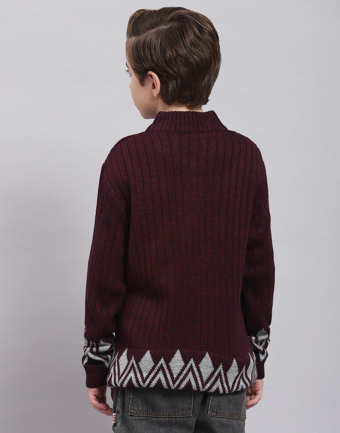 Boys Maroon Self Design Round Neck Full Sleeve Sweater