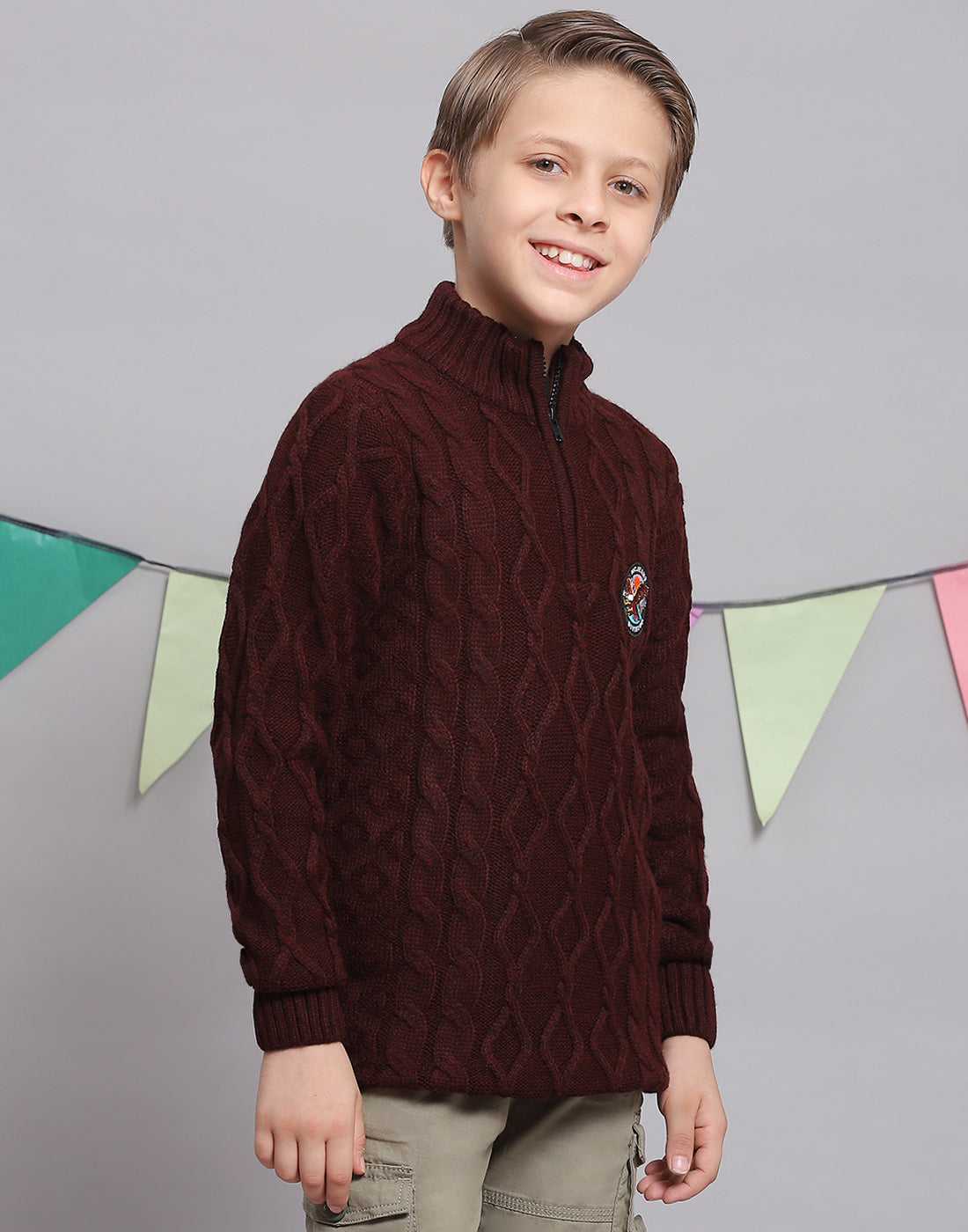 Boys Maroon Self Design H Neck Full Sleeve Sweater