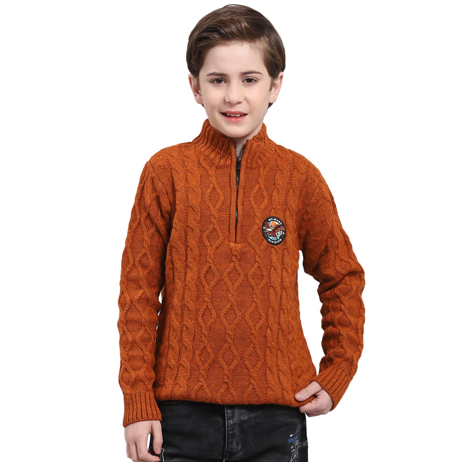 Boys Rust Self Design Round Neck Full Sleeve Sweater