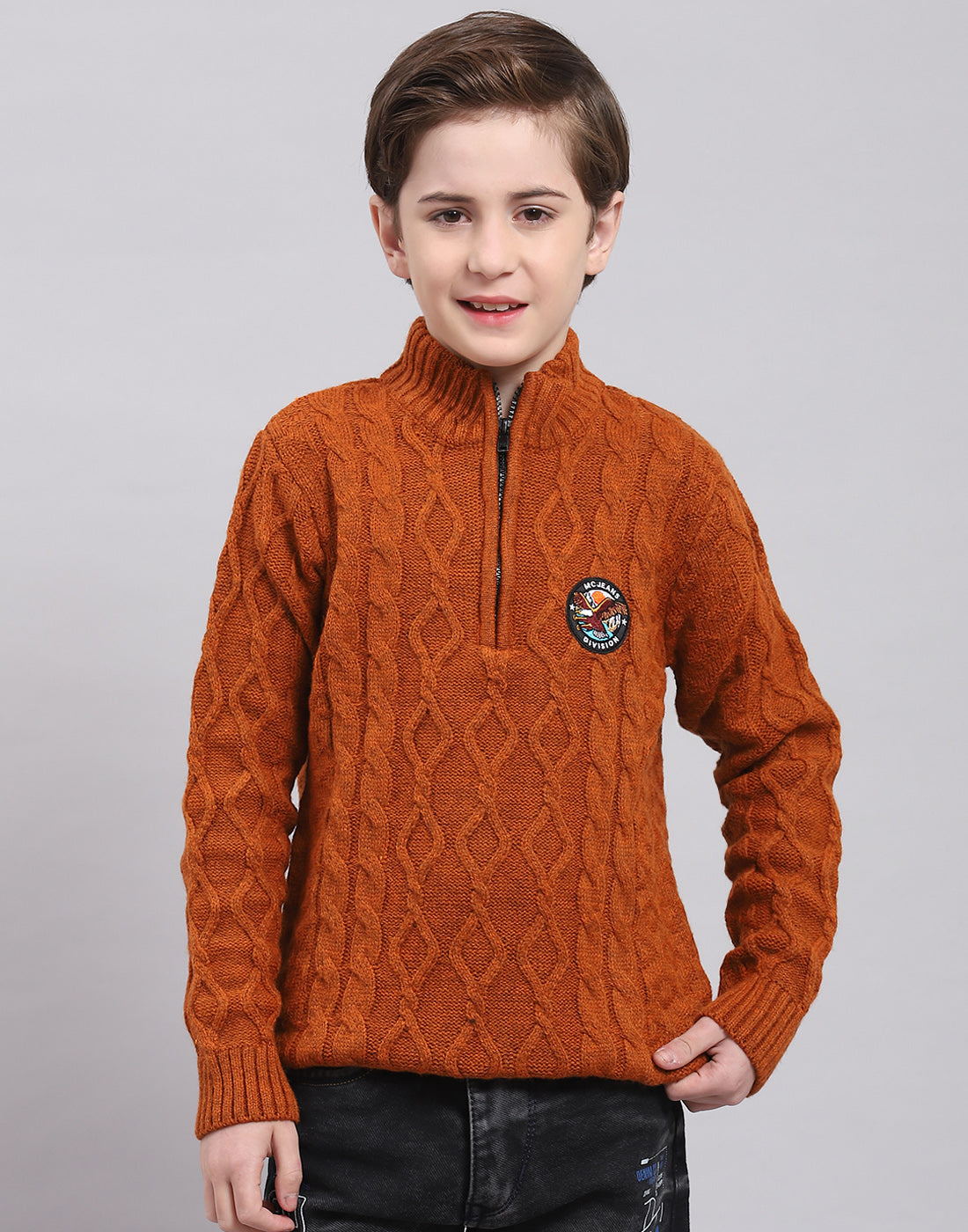 Boys Rust Self Design Round Neck Full Sleeve Sweater