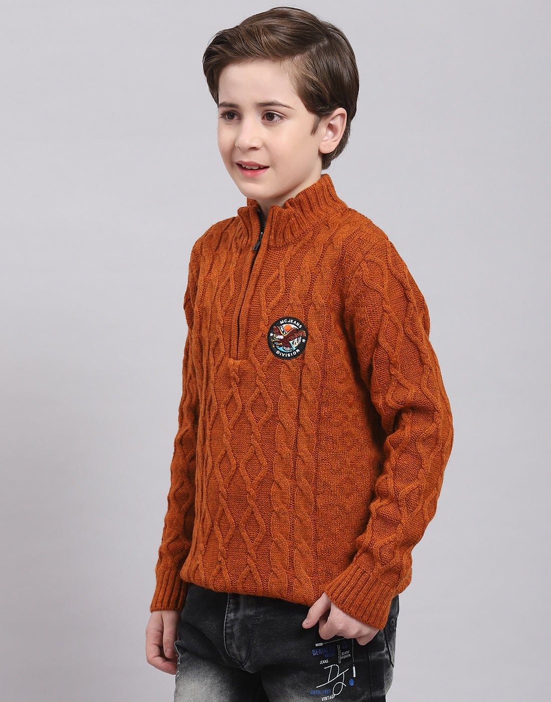 Boys Rust Self Design Round Neck Full Sleeve Sweater