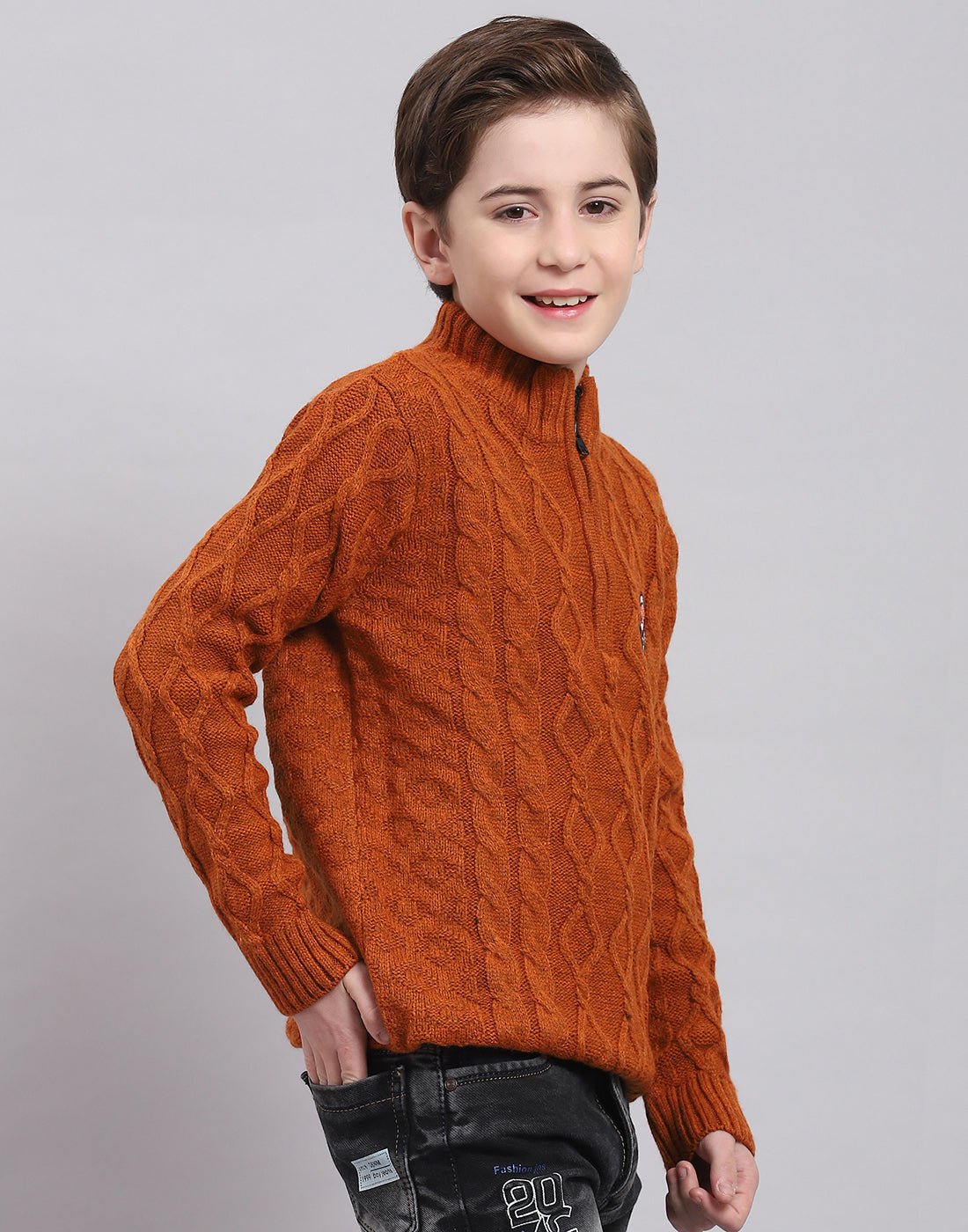 Boys Rust Self Design Round Neck Full Sleeve Sweater