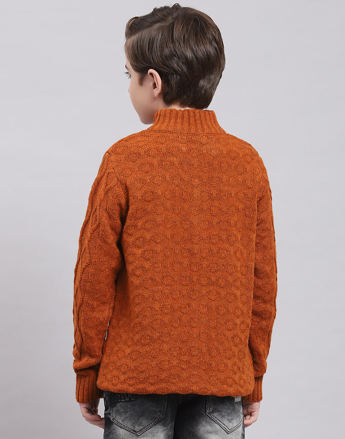 Boys Rust Self Design Round Neck Full Sleeve Sweater