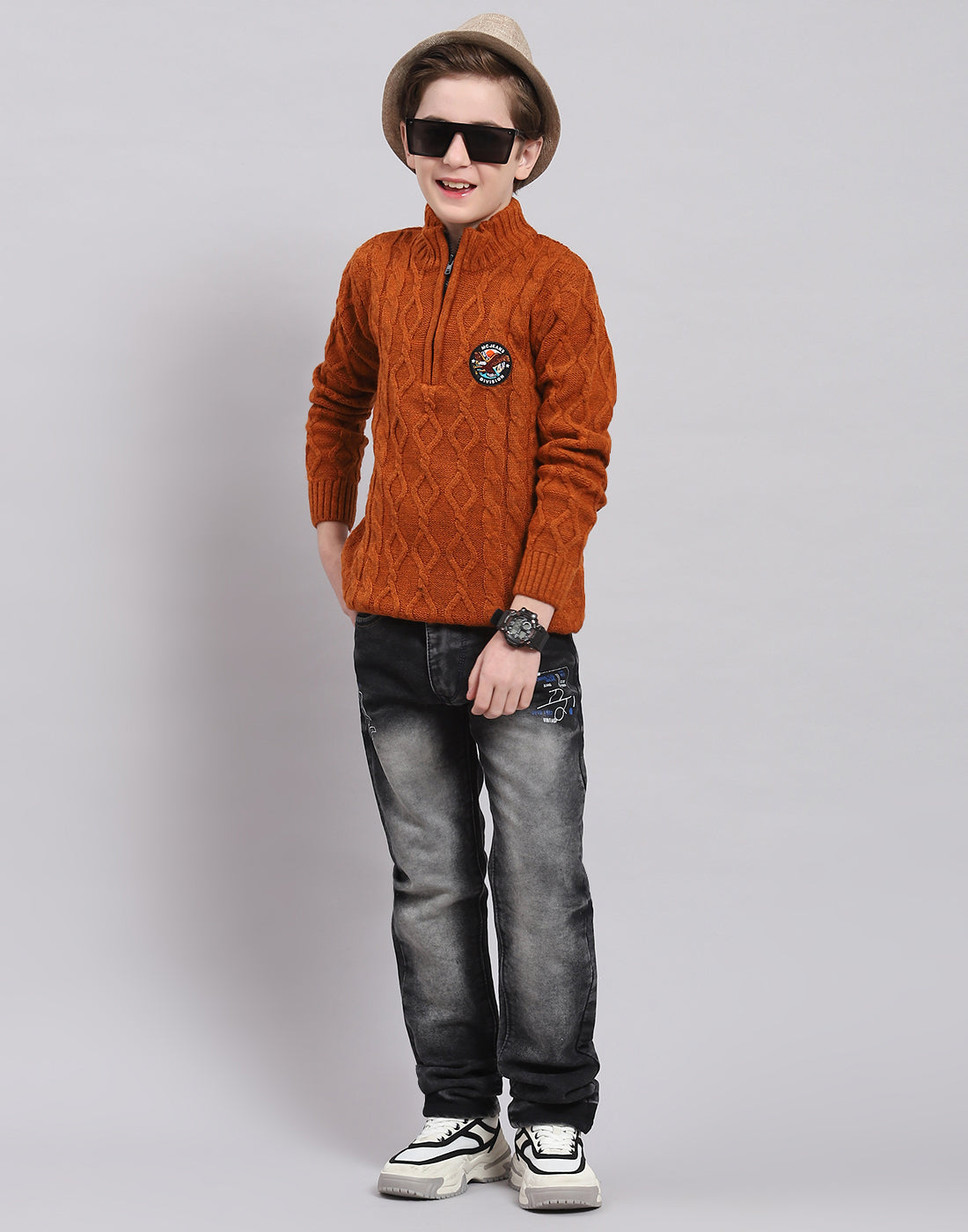 Boys Rust Self Design Round Neck Full Sleeve Sweater