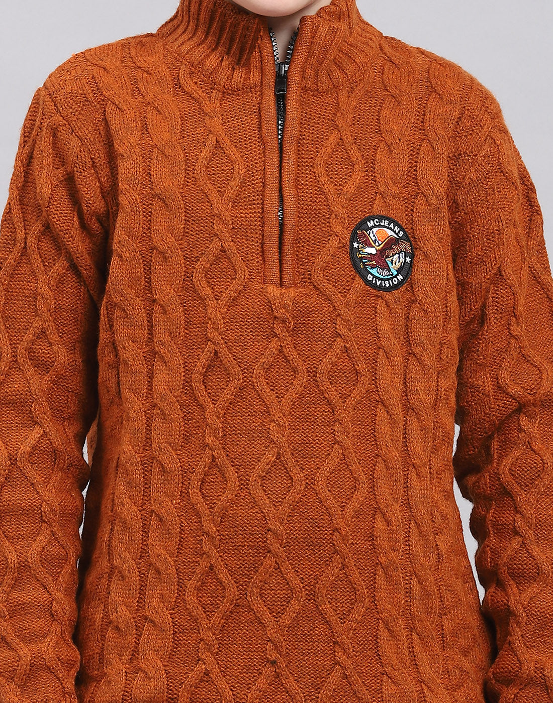 Boys Rust Self Design Round Neck Full Sleeve Sweater