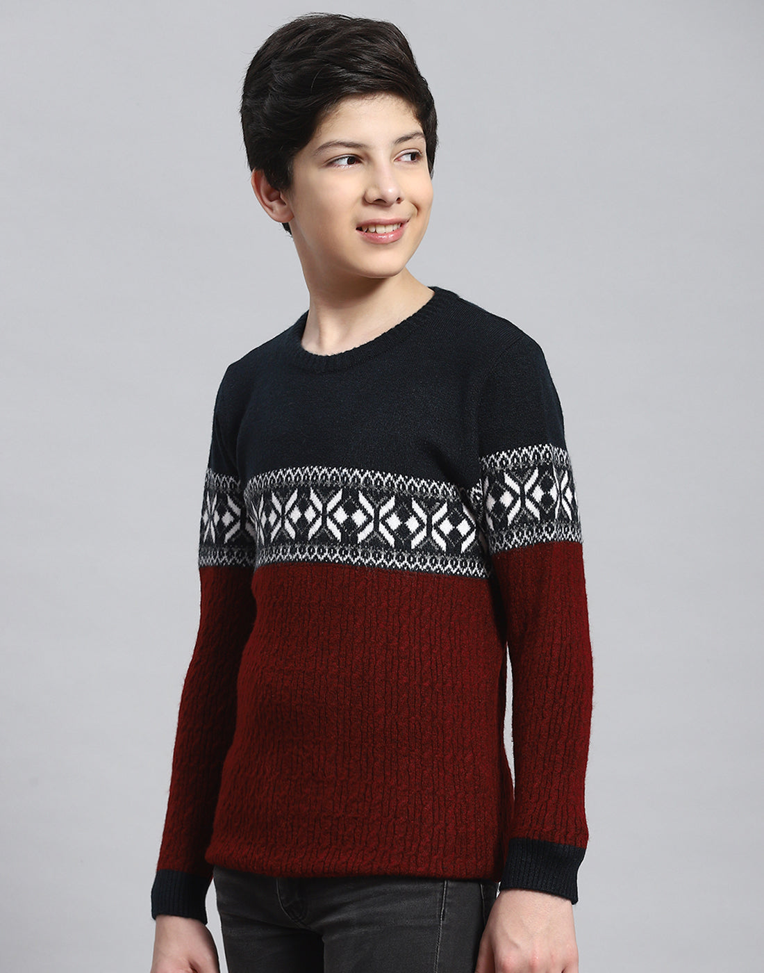 Boys Maroon Self Design Round Neck Full Sleeve Sweater