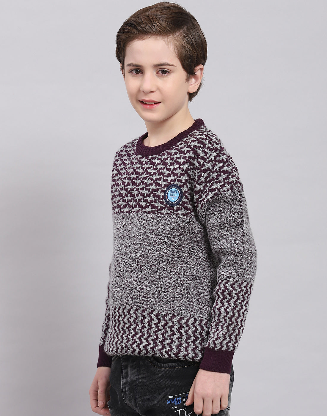 Boys Grey Self Design Round Neck Full Sleeve Sweater