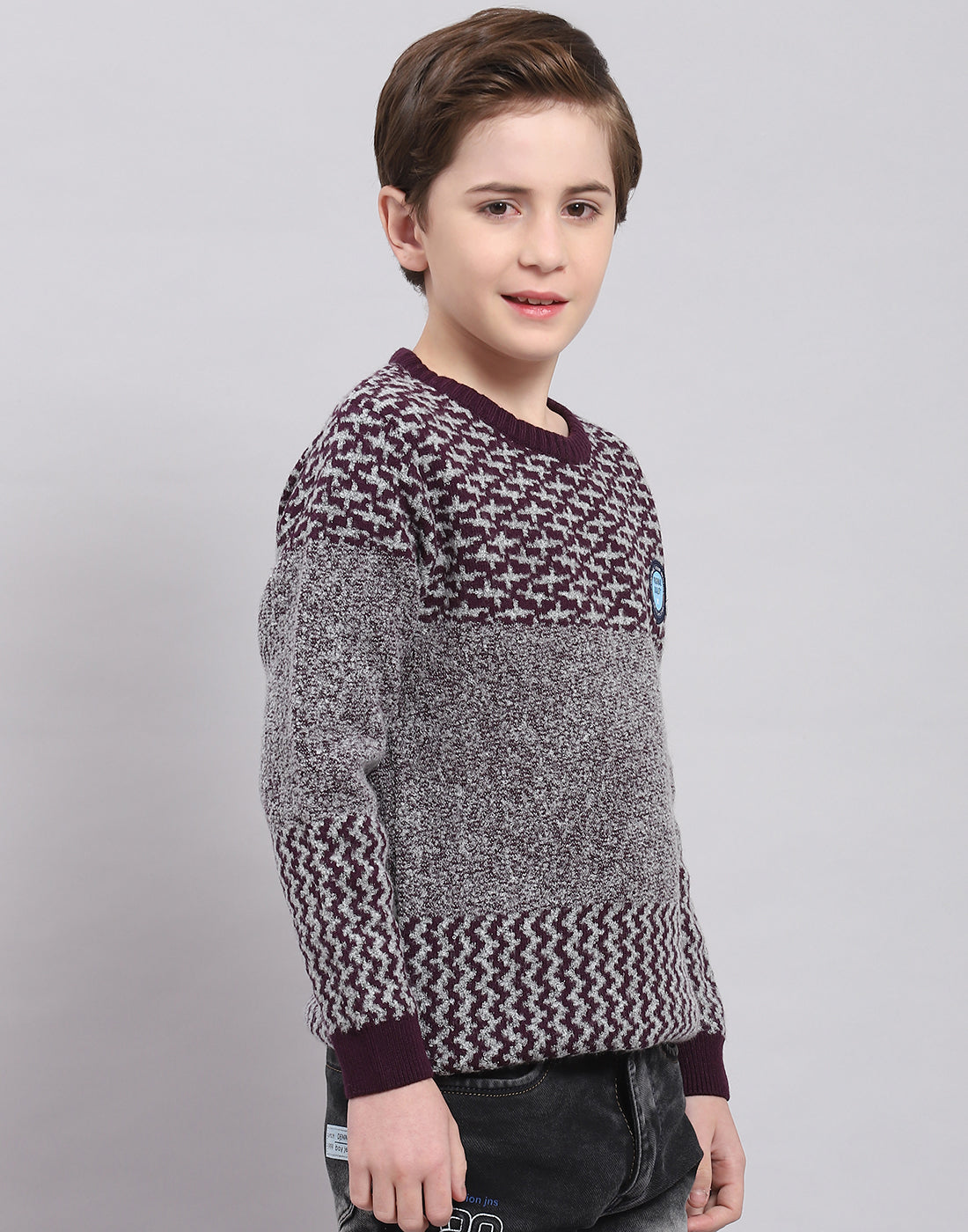 Boys Grey Self Design Round Neck Full Sleeve Sweater