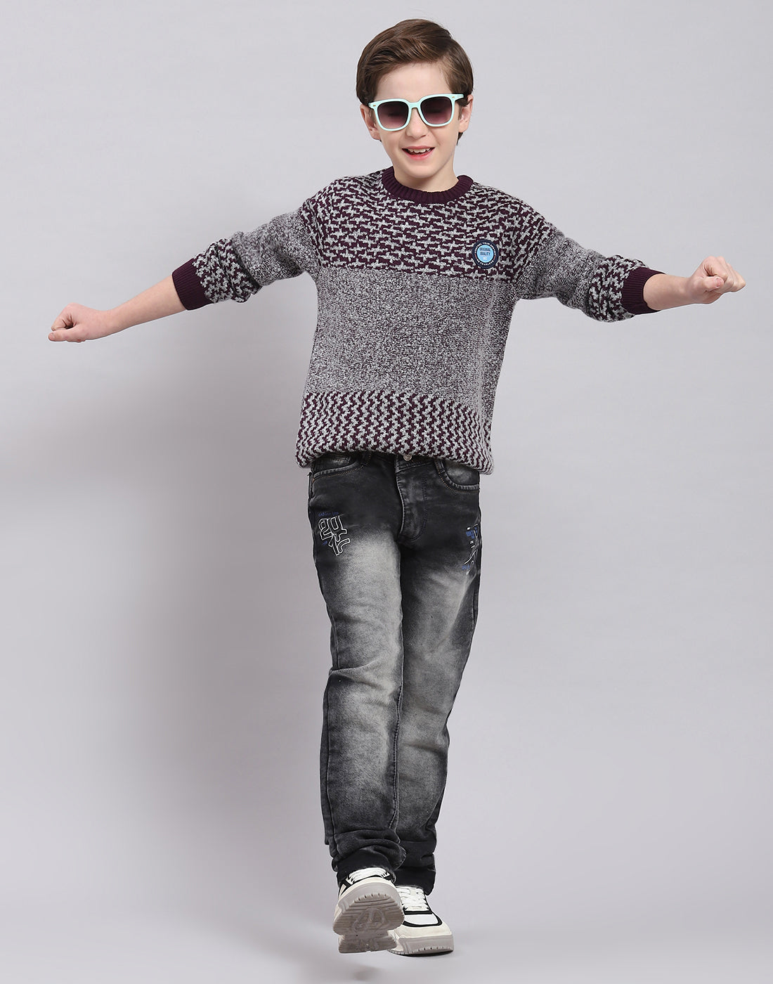 Boys Grey Self Design Round Neck Full Sleeve Sweater