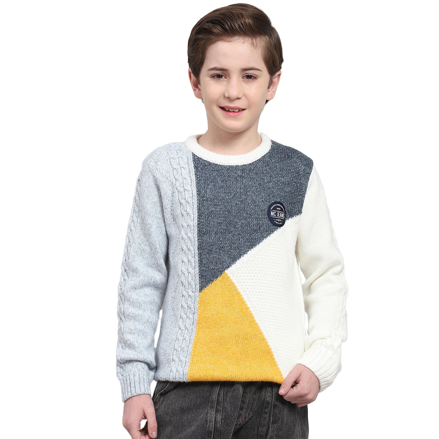 Boys White Self Design Round Neck Full Sleeve Sweater