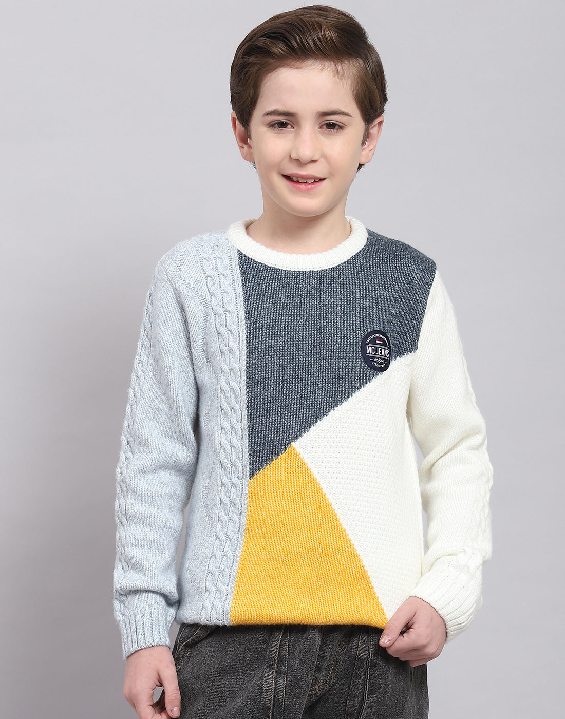 Boys White Self Design Round Neck Full Sleeve Sweater