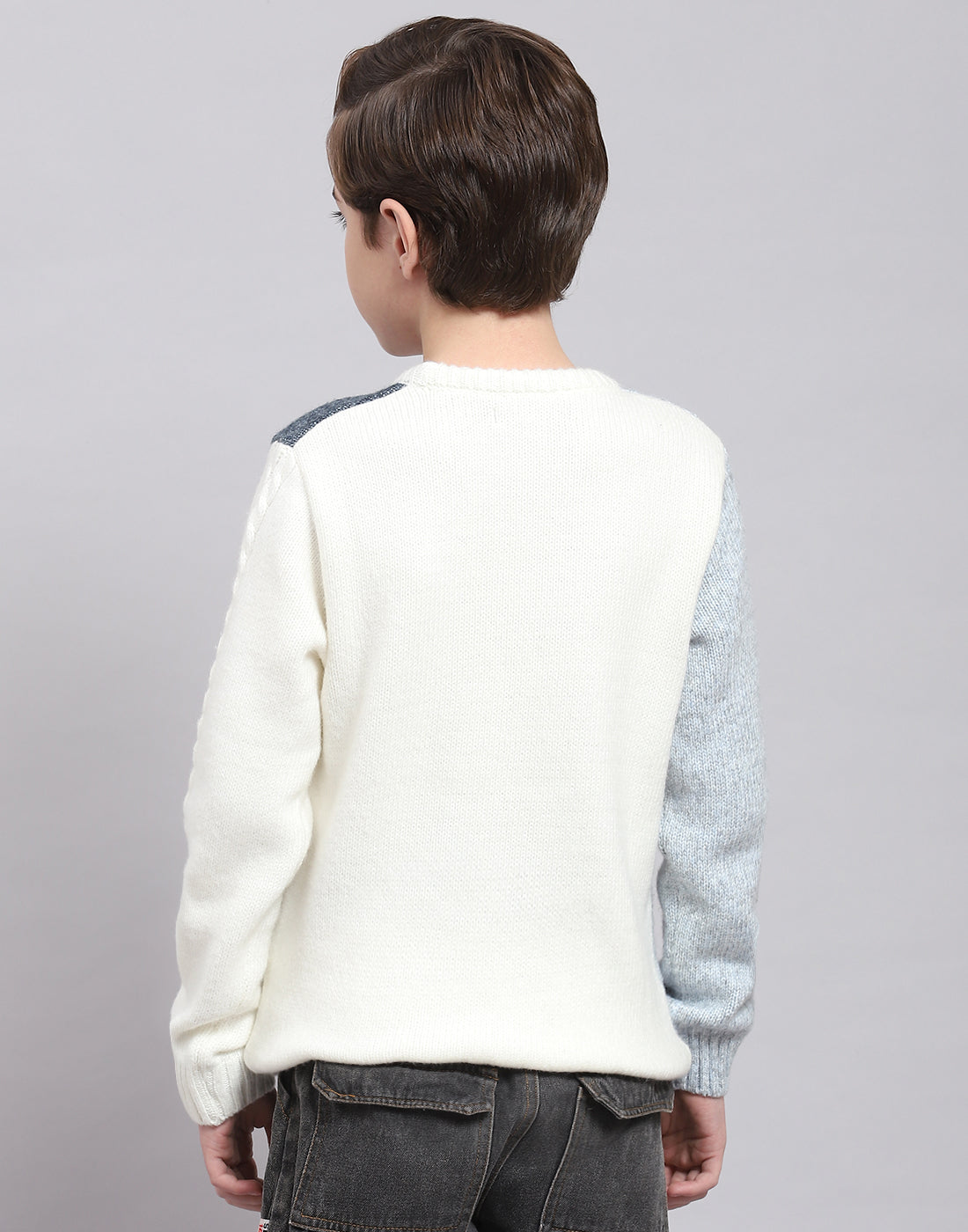 Boys White Self Design Round Neck Full Sleeve Sweater