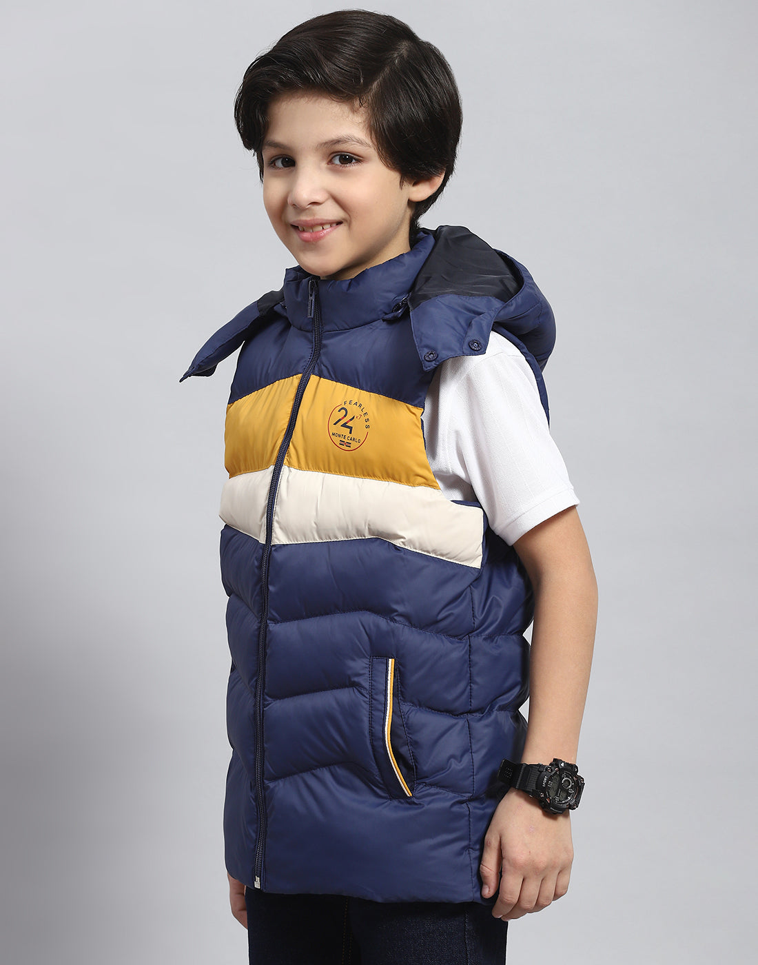 Boys Navy Blue Solid Hooded Sleeveless Boys Jacket