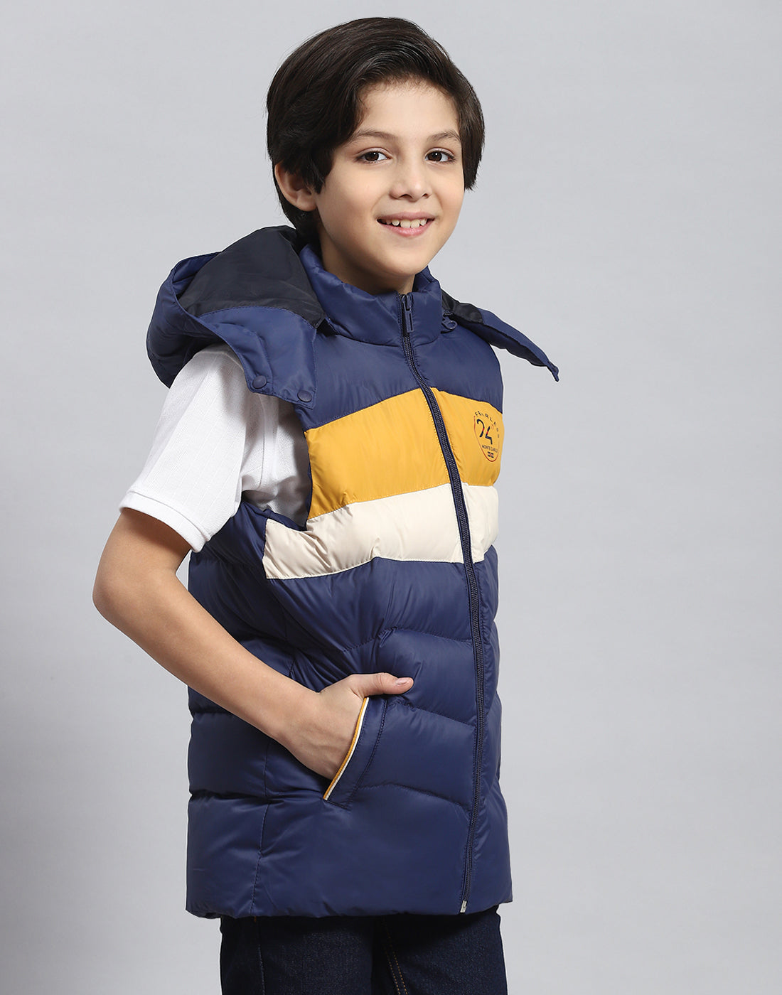 Boys Navy Blue Solid Hooded Sleeveless Boys Jacket