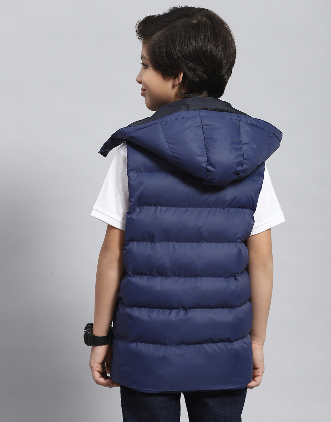 Boys Navy Blue Solid Hooded Sleeveless Boys Jacket