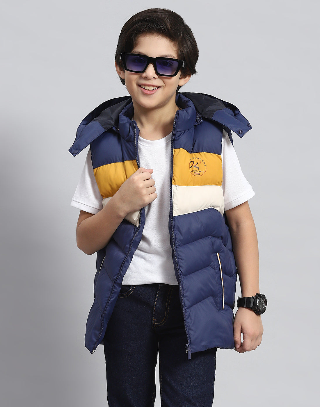 Boys Navy Blue Solid Hooded Sleeveless Boys Jacket