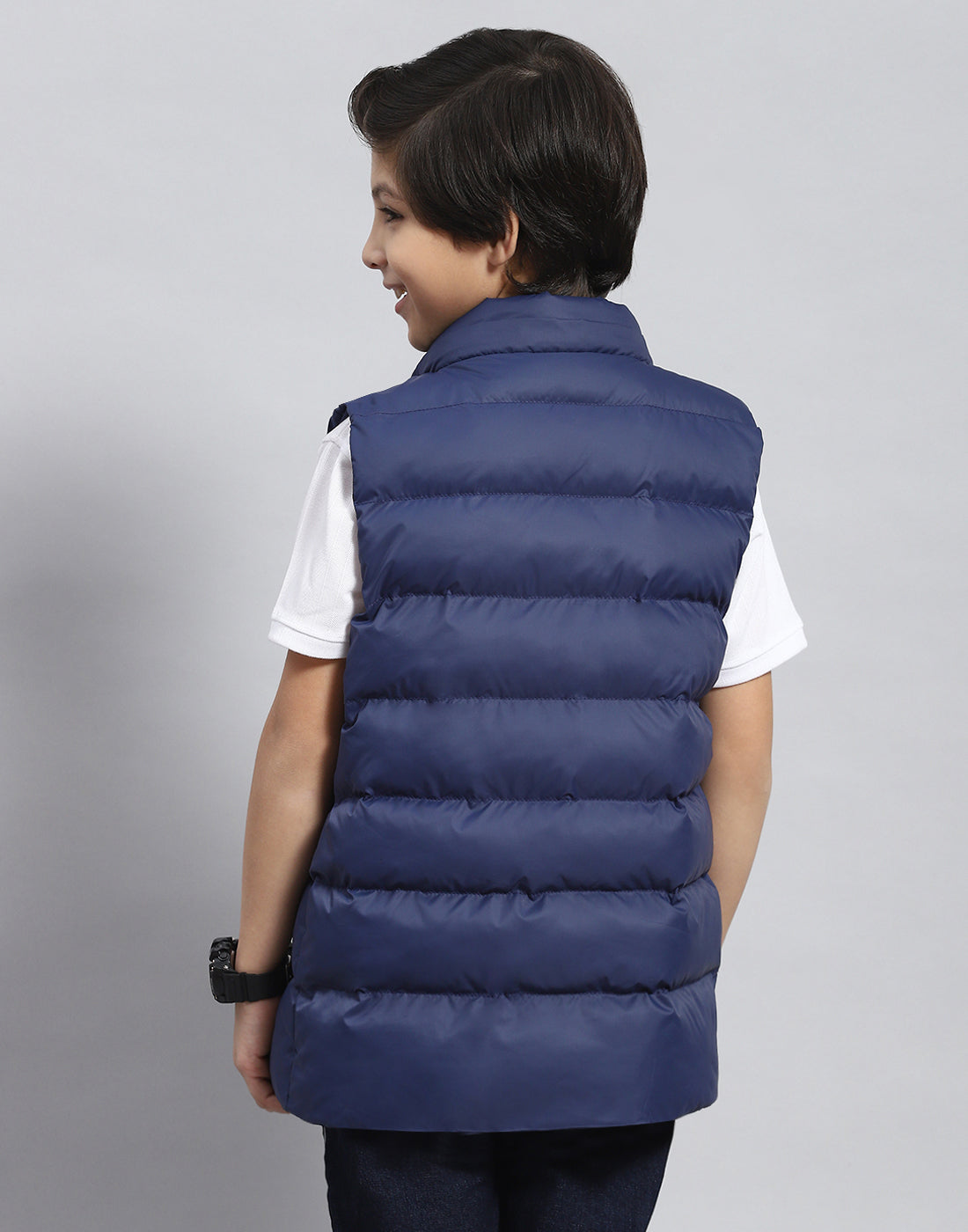 Boys Navy Blue Solid Hooded Sleeveless Boys Jacket