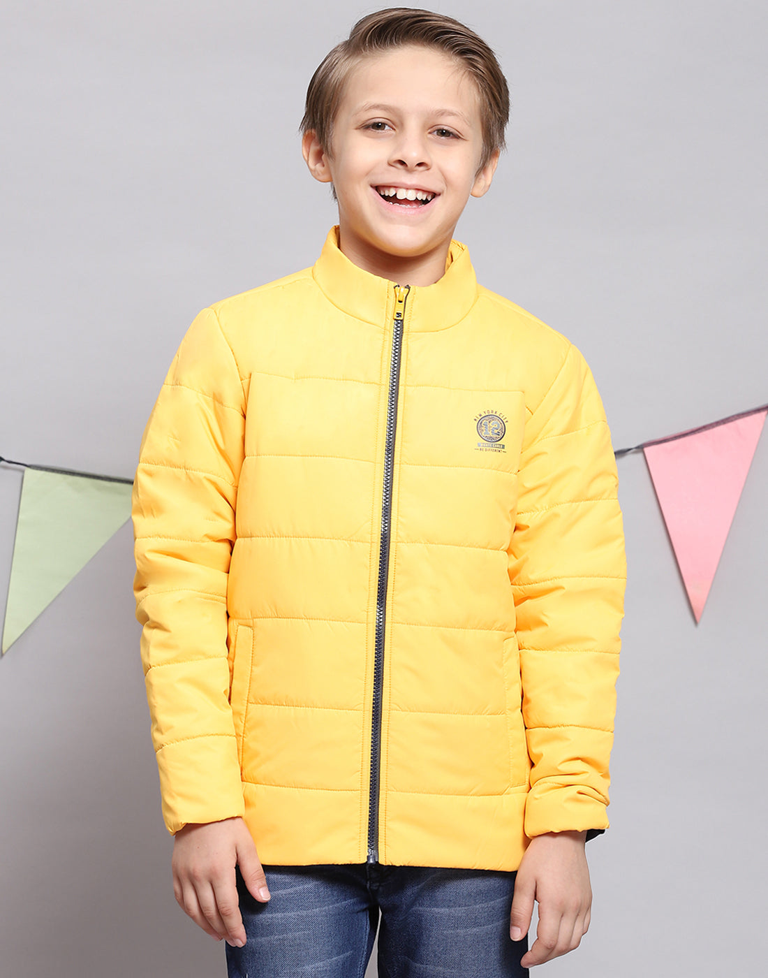 Boys Yellow Solid Stand Collar Full Sleeve Boys Jacket