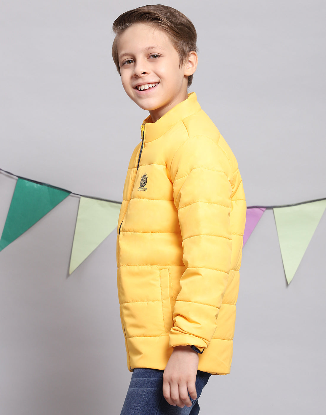 Boys Yellow Solid Stand Collar Full Sleeve Boys Jacket