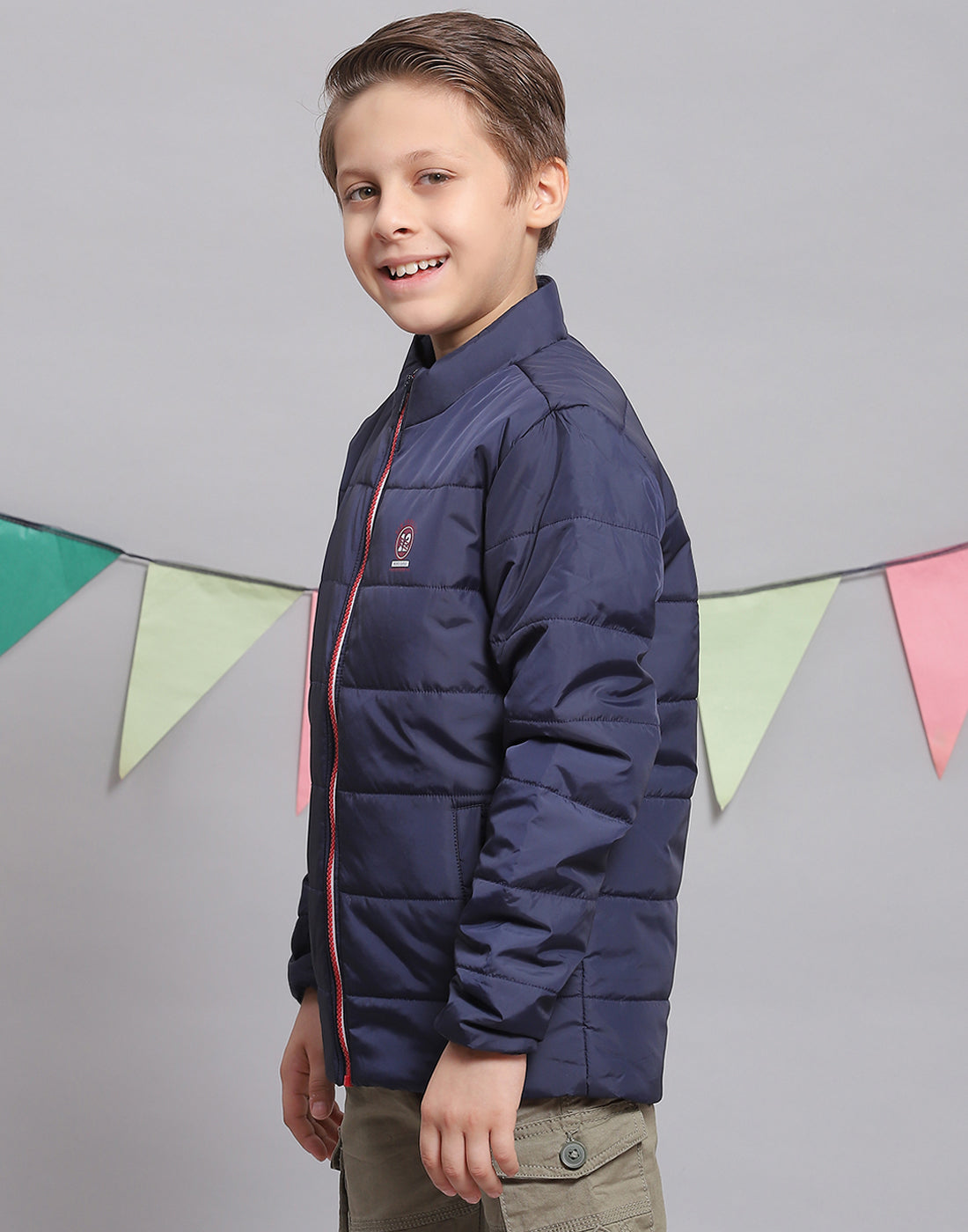 Boys Navy Blue Solid Stand Collar Full Sleeve Boys Jacket