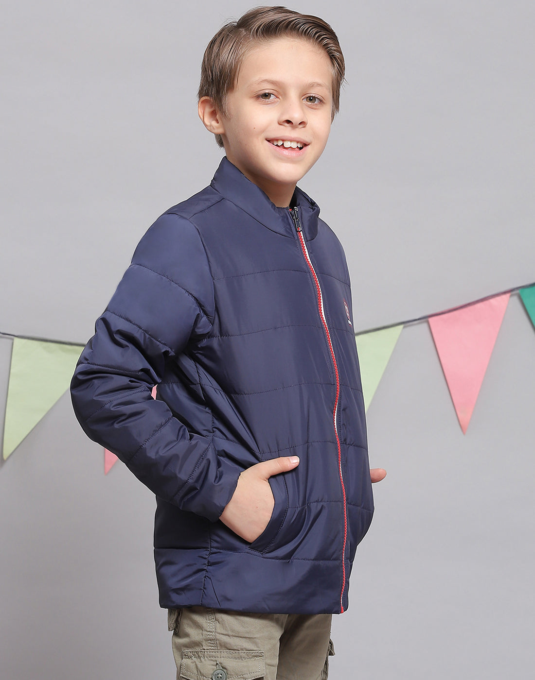 Boys Navy Blue Solid Stand Collar Full Sleeve Boys Jacket