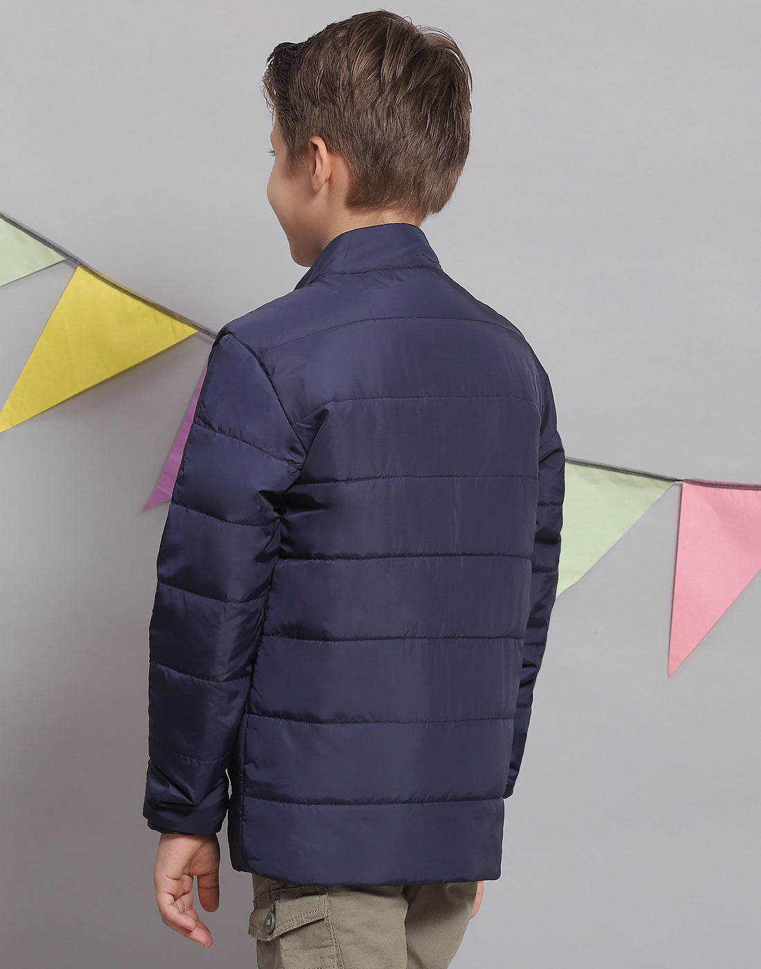 Boys Navy Blue Solid Stand Collar Full Sleeve Boys Jacket