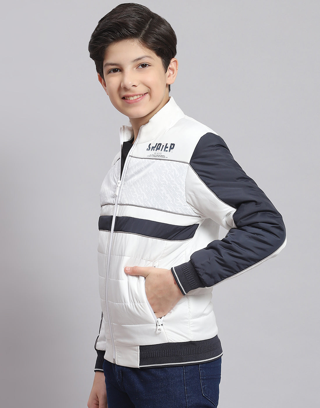 Boys White Printed Stand Collar Full Sleeve Boys Jacket