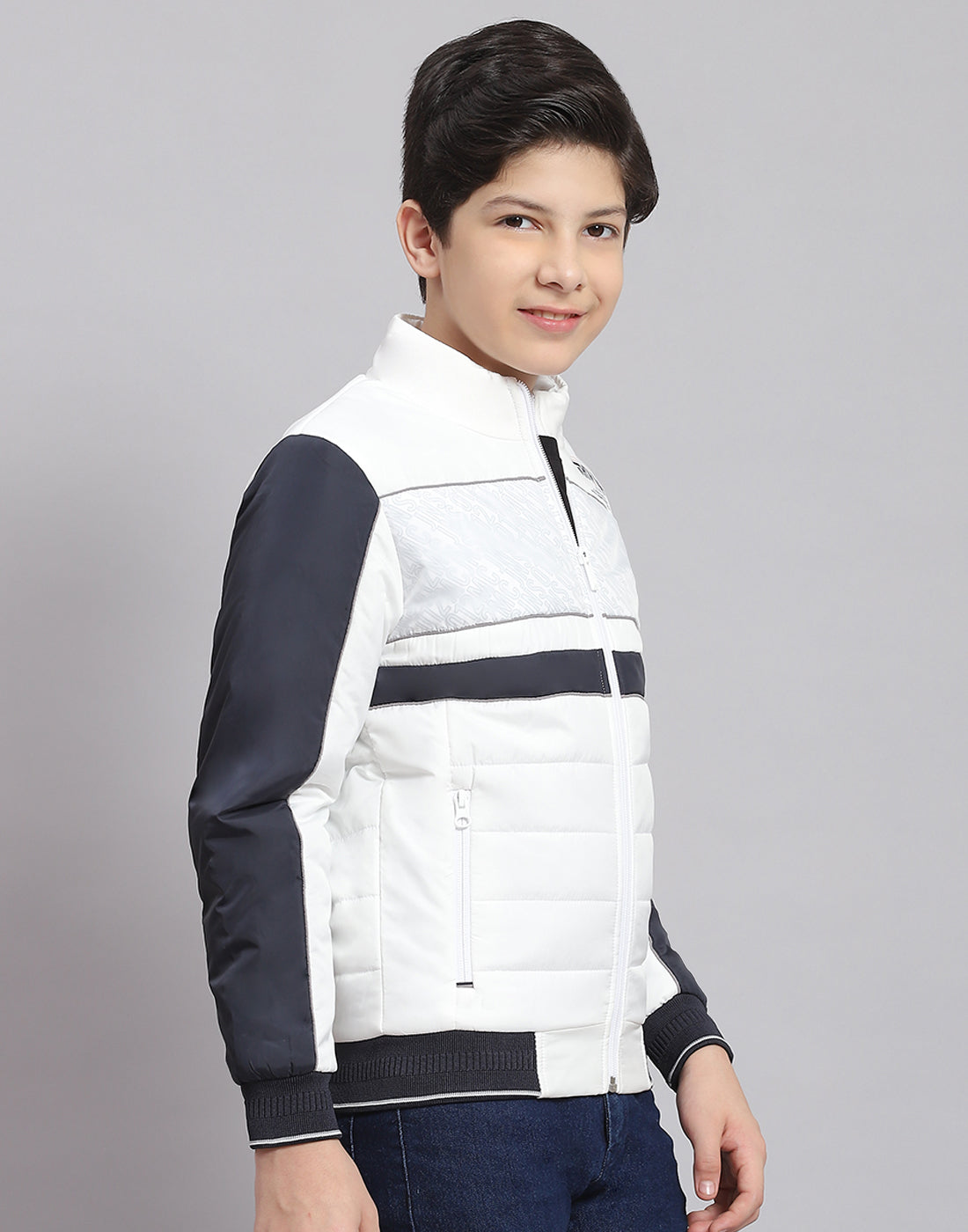 Boys White Printed Stand Collar Full Sleeve Boys Jacket