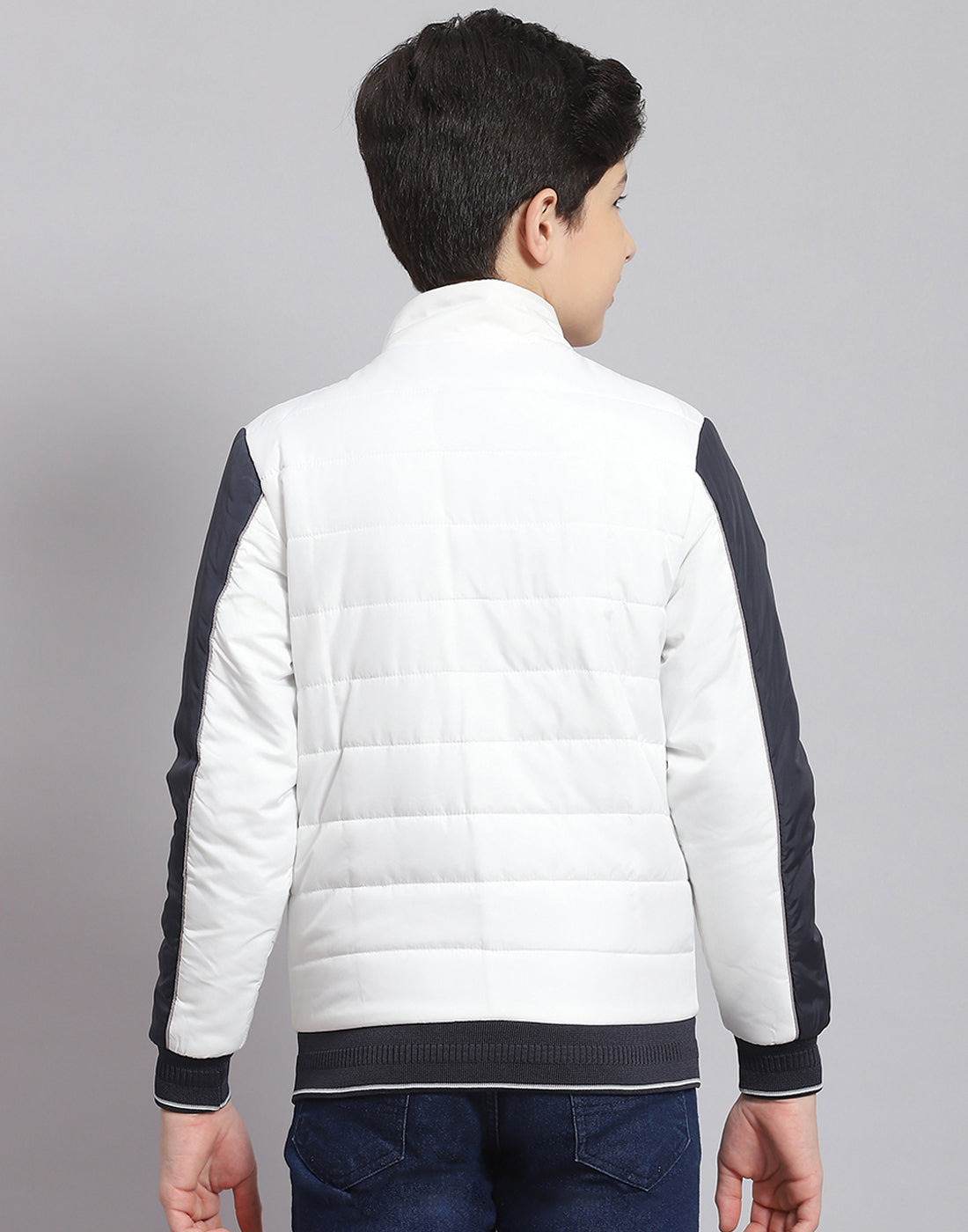 Boys White Printed Stand Collar Full Sleeve Boys Jacket